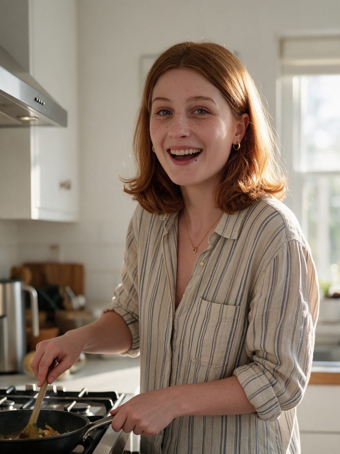 AI photo of the woman laughing at the stove in a bright kitchen, wearing a beige striped linen shirt
