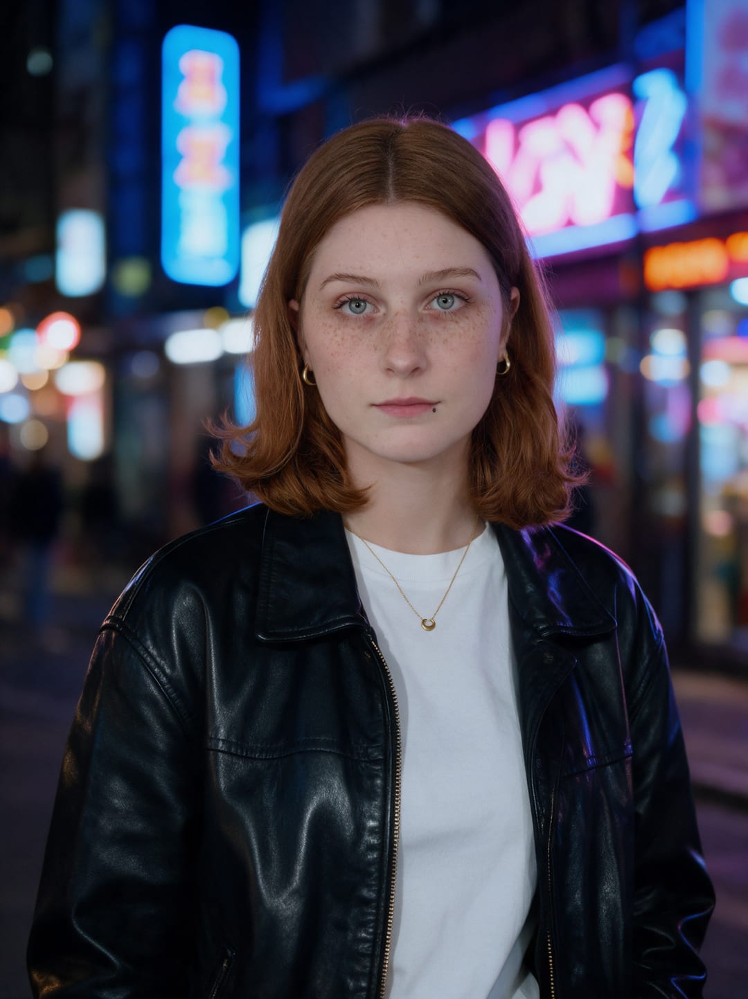 AI photo of the woman on a neon-lit night street in a black leather jacket over a white t-shirt, looking at the camera