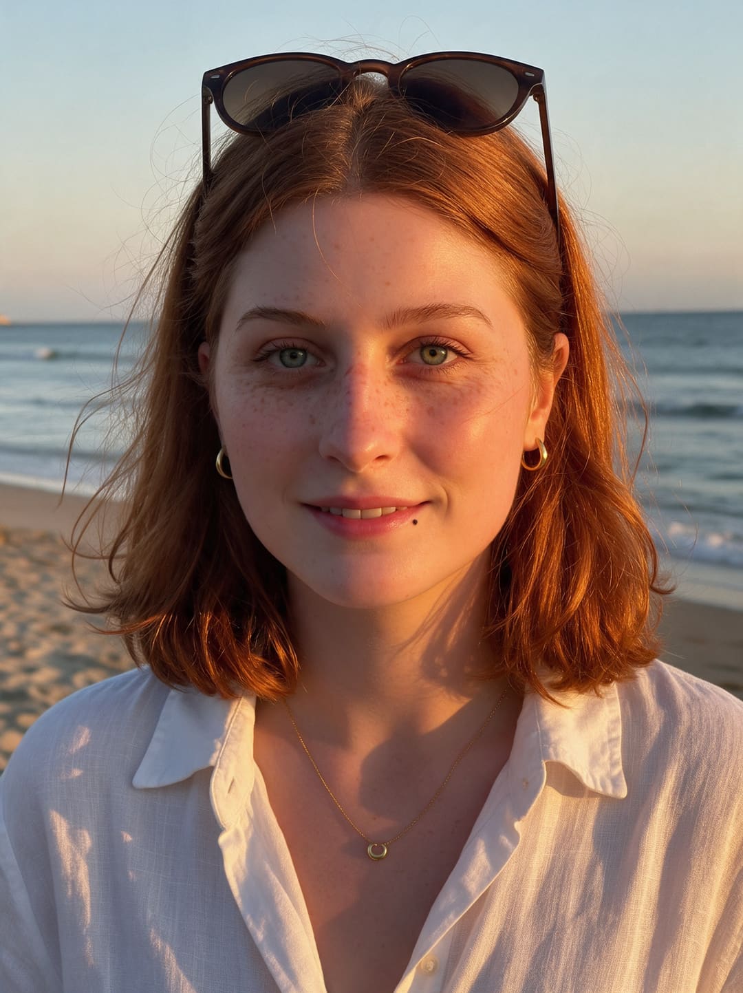 AI photo of the woman on a beach at golden hour with sunglasses on her head, in a white linen shirt, smiling softly