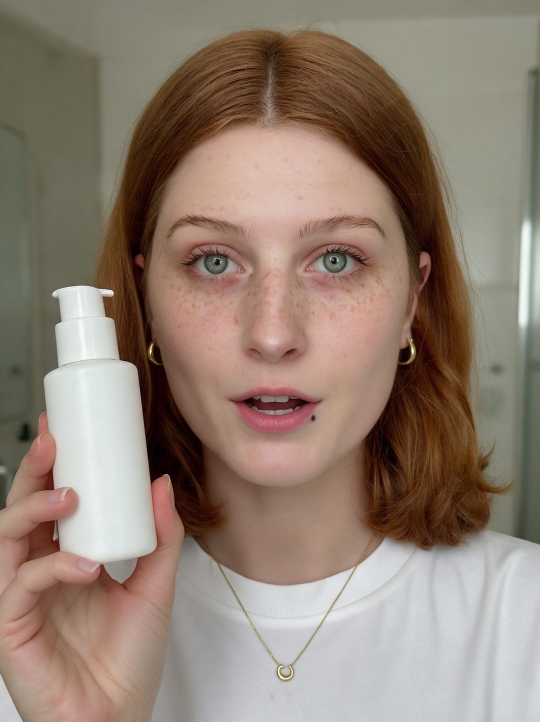 AI selfie-style photo of the woman holding a plain white pump bottle beside her face in a bathroom, mid-sentence
