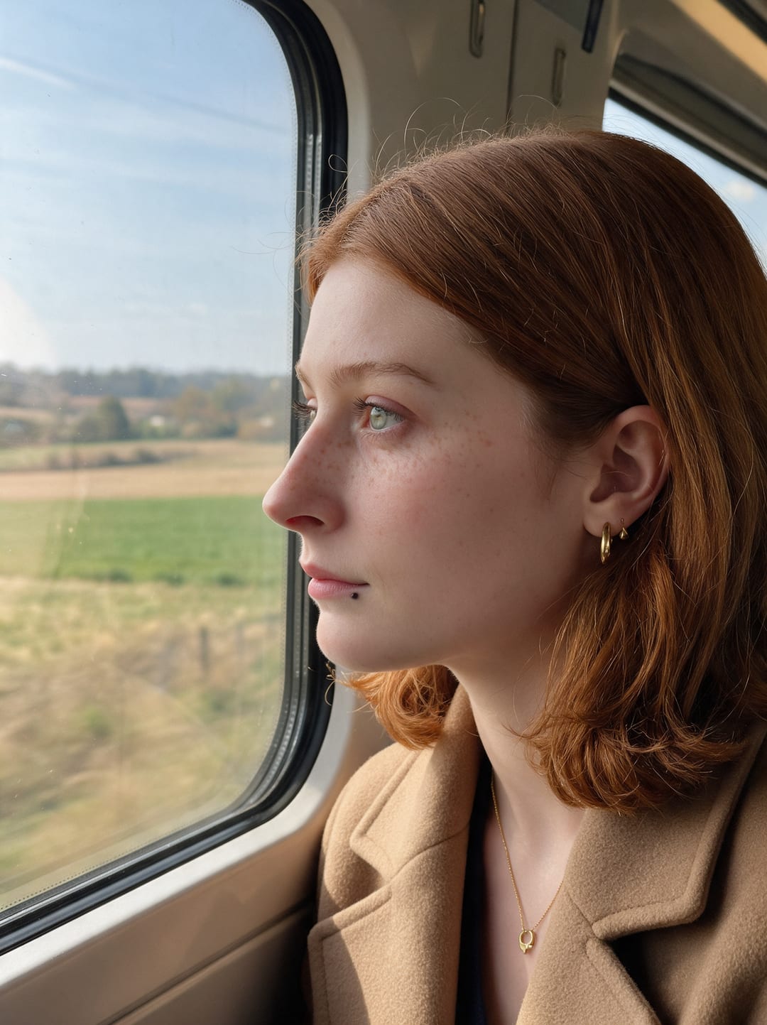 AI photo of the woman in left profile on a train in a camel coat, looking out of the window at fields