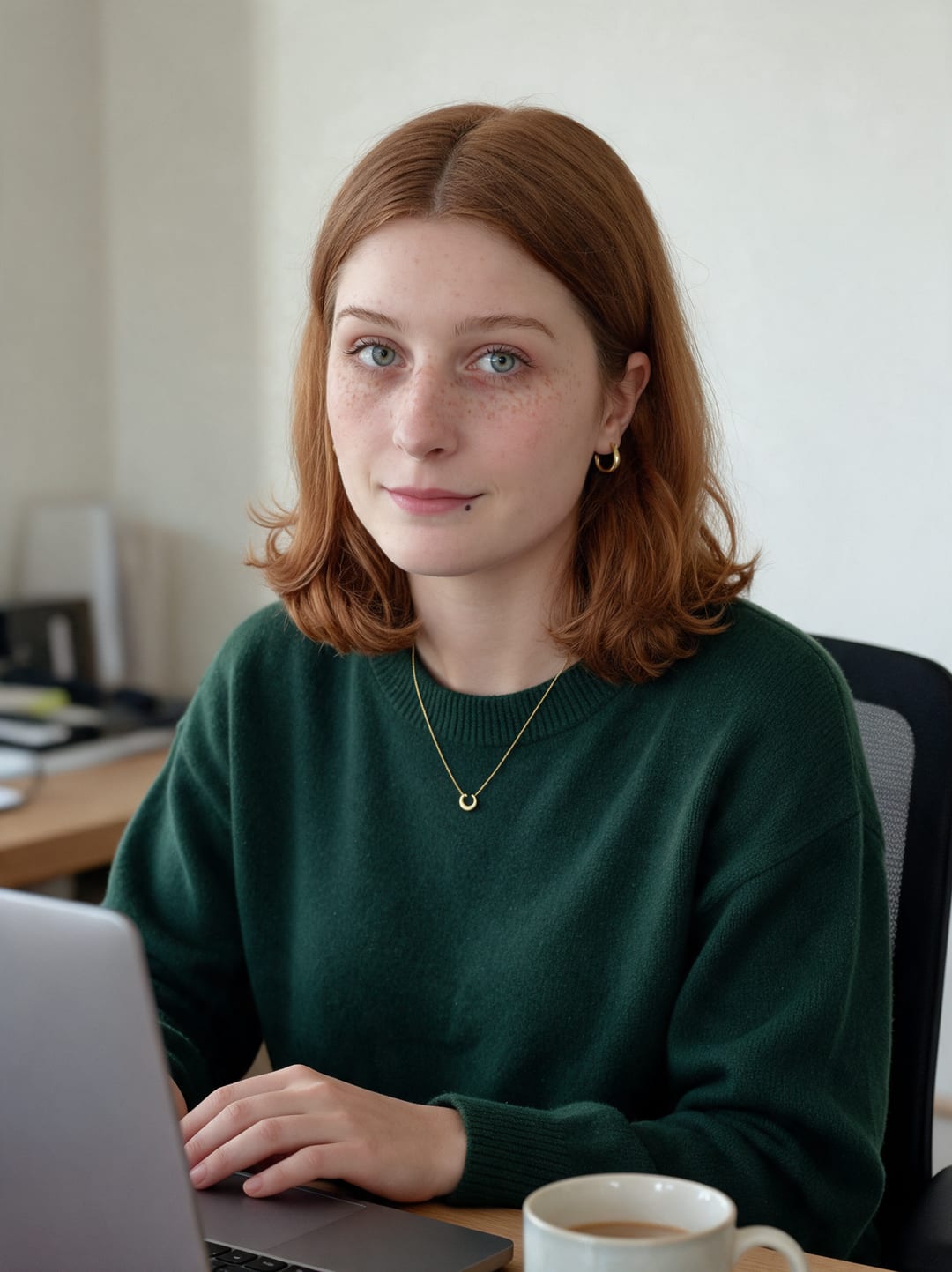 AI photo of the woman at a desk with a laptop and a mug in a dark green sweater, looking at the camera with a small smile