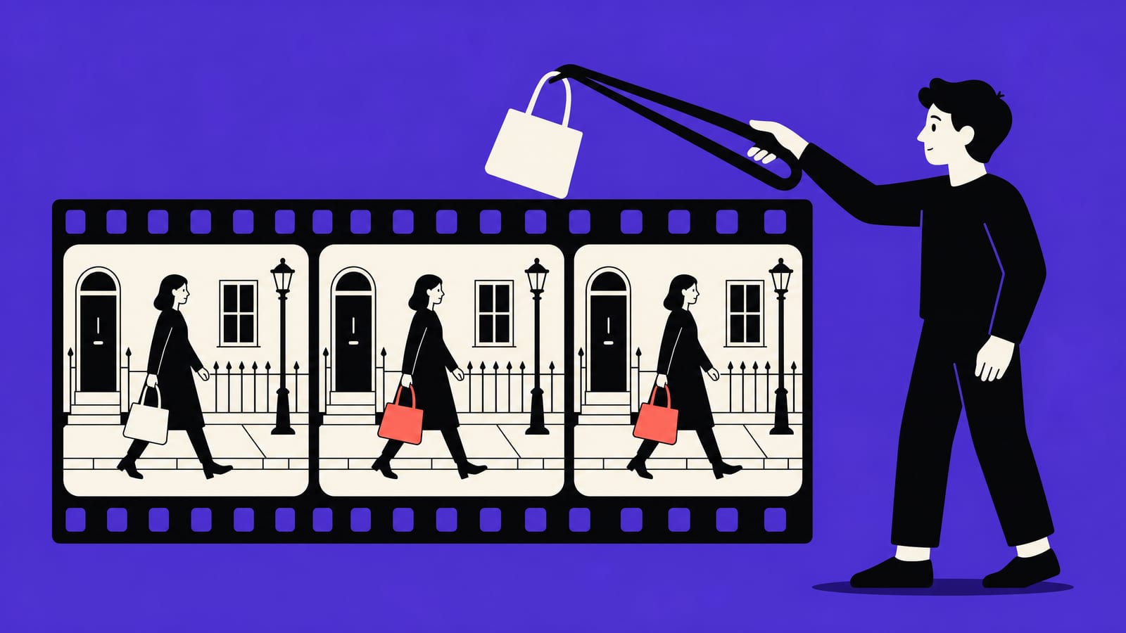 Flat illustration on a violet background: an editor with long tweezers lifts an off-white handbag out of a strip of three film frames. In each frame the same woman walks past the same doorway and lamp post; in the second and third frames her bag is now coral, showing an object swap that leaves the rest of the shot unchanged.