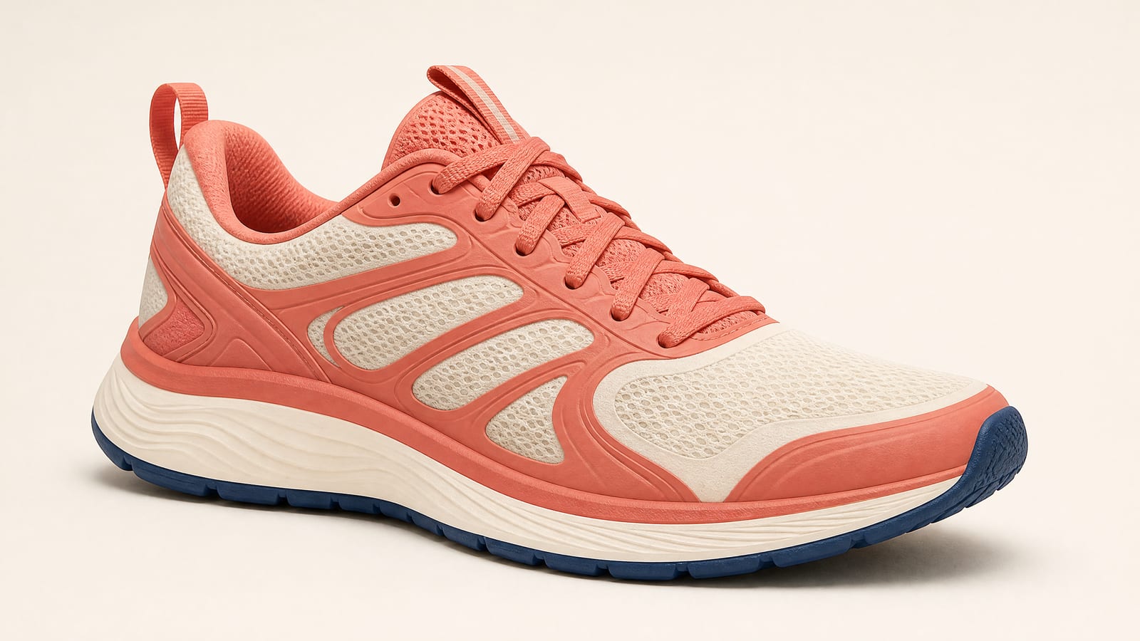 Studio product photo of an unbranded coral and off-white running shoe with an indigo sole, shot at a three-quarter angle on a plain warm off-white backdrop with soft even light.