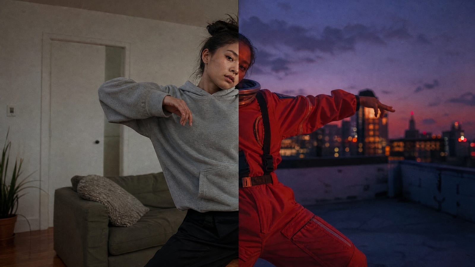 Photo split down the middle showing one dancer in the same pose, on the left in a grey hoodie in a plain living room, on the right in a red jumpsuit on a rooftop at dusk, the movement lining up across the seam