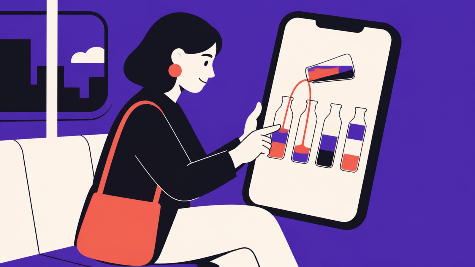 Flat illustration on a violet background: a woman on a train seat touches a large phone with her finger. The screen shows a colour-sorting puzzle of four bottles with layered liquid, one bottle tilted and pouring coral liquid into another, the kind of mini game a playable ad lets you try instead of watching a video.
