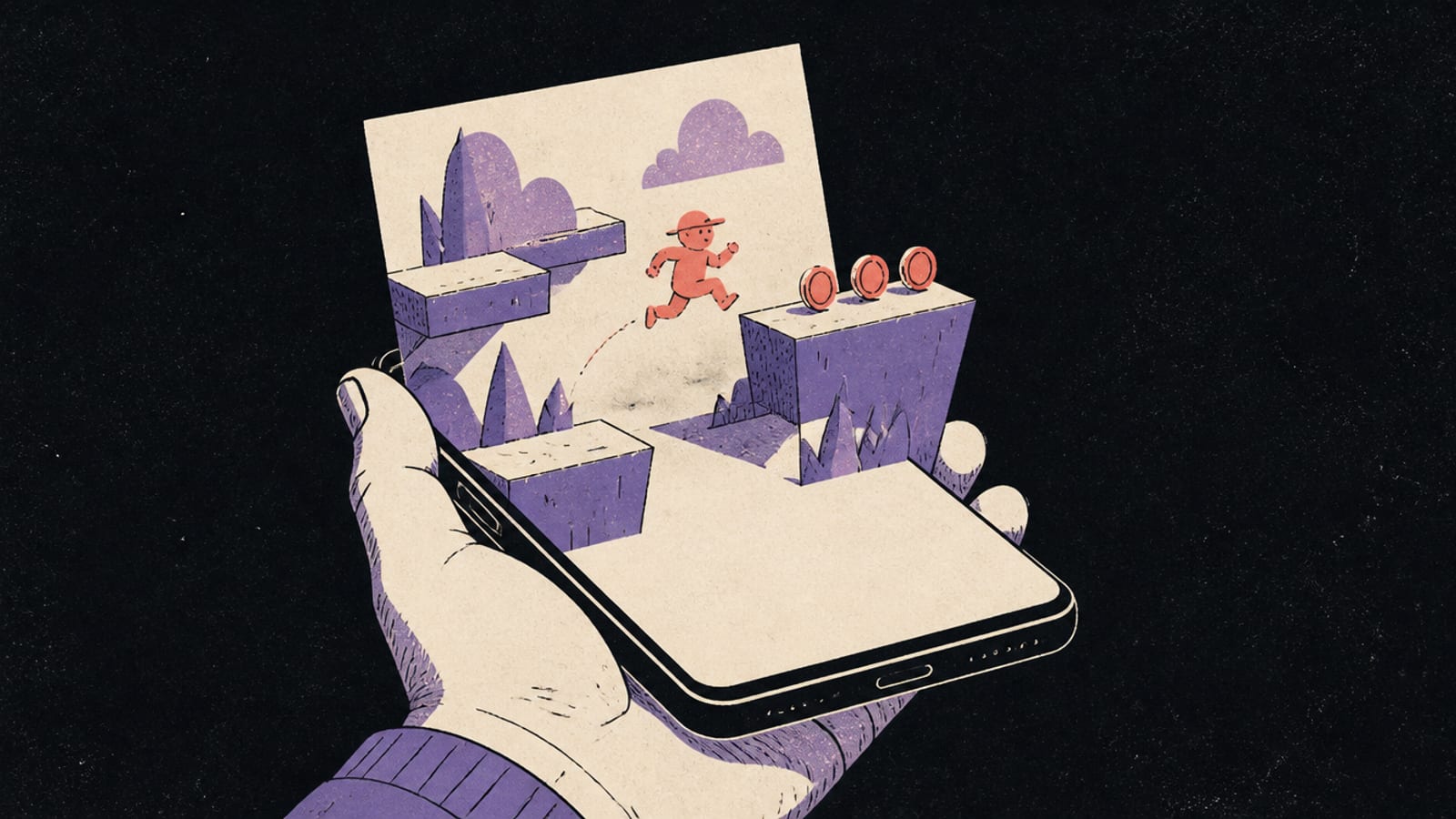 Hand-drawn print-style illustration of a hand holding a smartphone, with a paper pop-up game level rising out of the screen, violet platforms, three coral coins and a small coral character jumping between two ledges