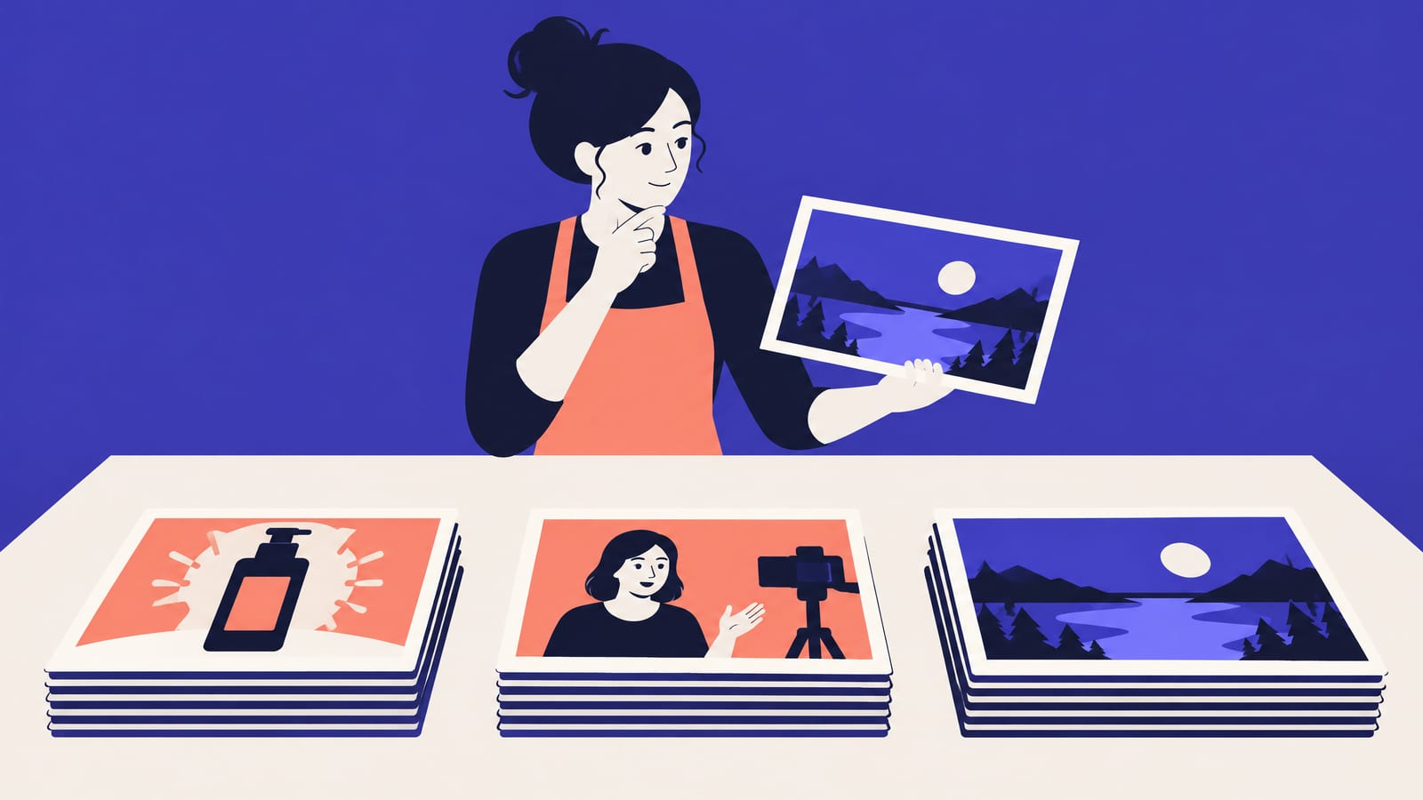 Flat illustration of a woman in a coral apron at a long table sorting large picture cards into three piles: a product bottle, a person talking to a camera on a tripod, and a wide mountain lake landscape, while she holds up one landscape card deciding where it goes