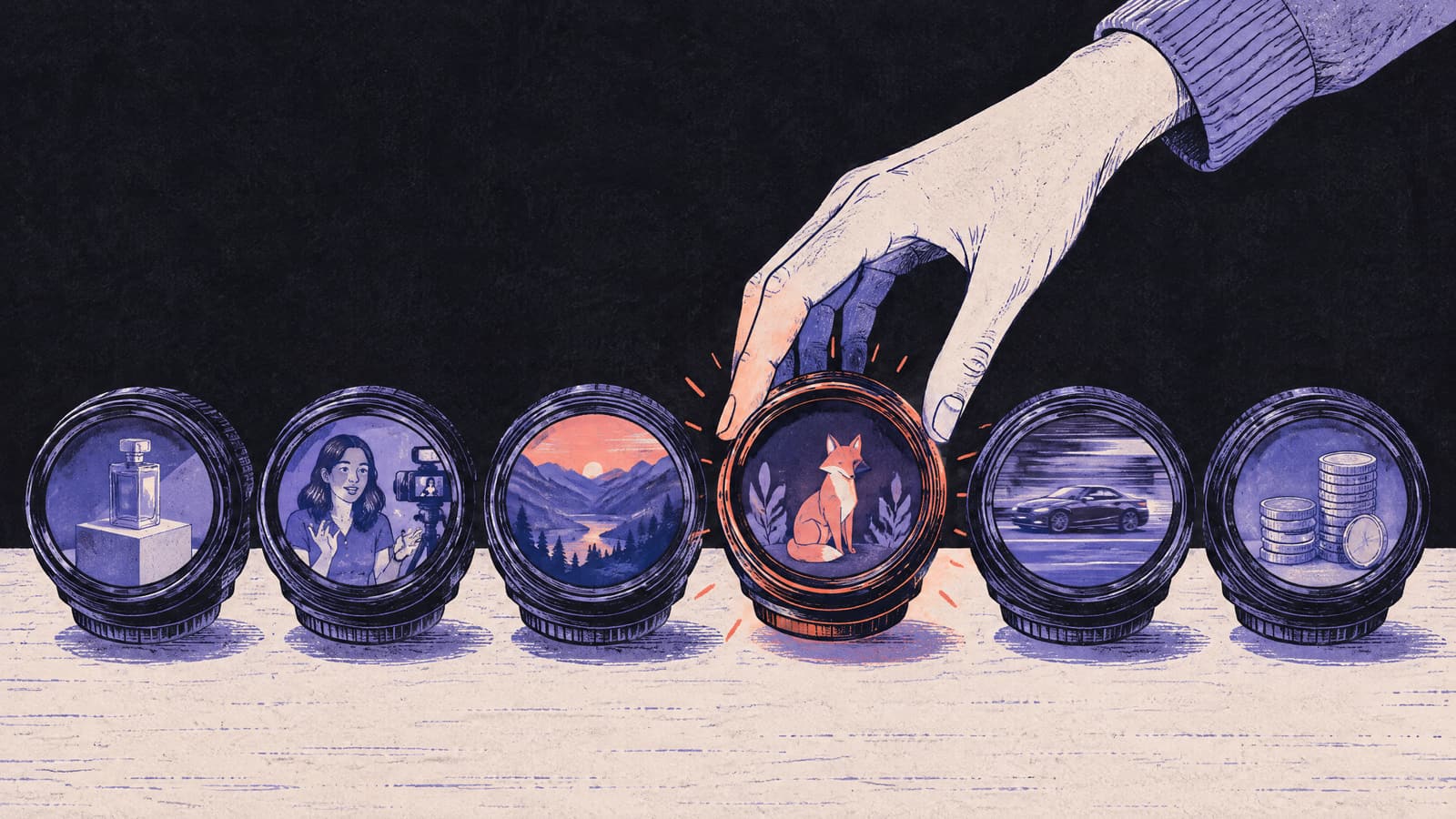 Hand-drawn illustration of a hand picking one camera lens from a row of six, each lens showing a different tiny scene (a perfume bottle, a woman talking to camera, a mountain valley, a fox, a speeding car, a stack of coins), with the chosen lens glowing coral