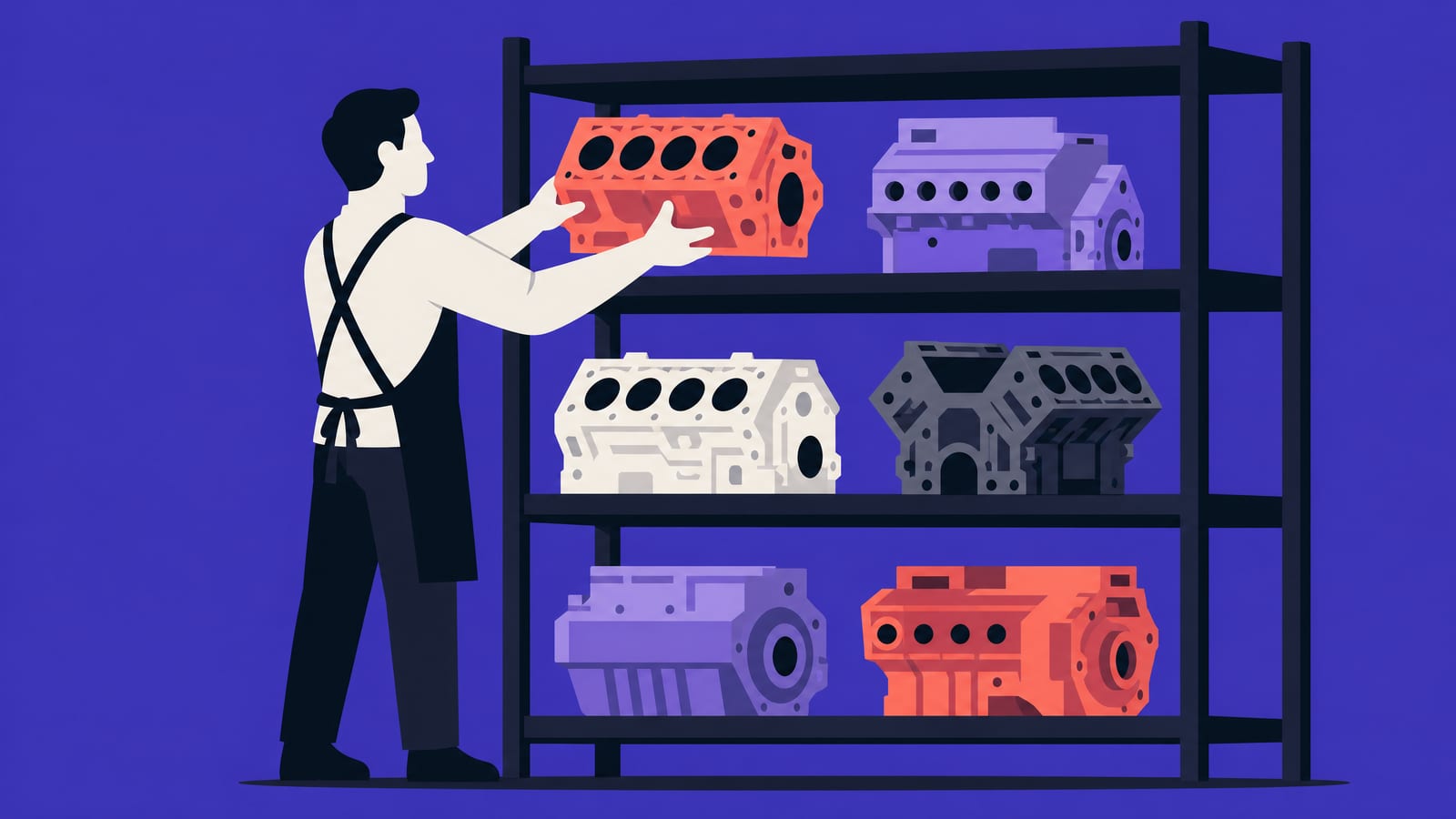 Flat illustration of a shopkeeper in an apron placing a coral engine block on a tall shelf that already holds five other engine blocks of different shapes in lavender, off-white, dark grey and coral, standing for one store that stocks engines from several makers