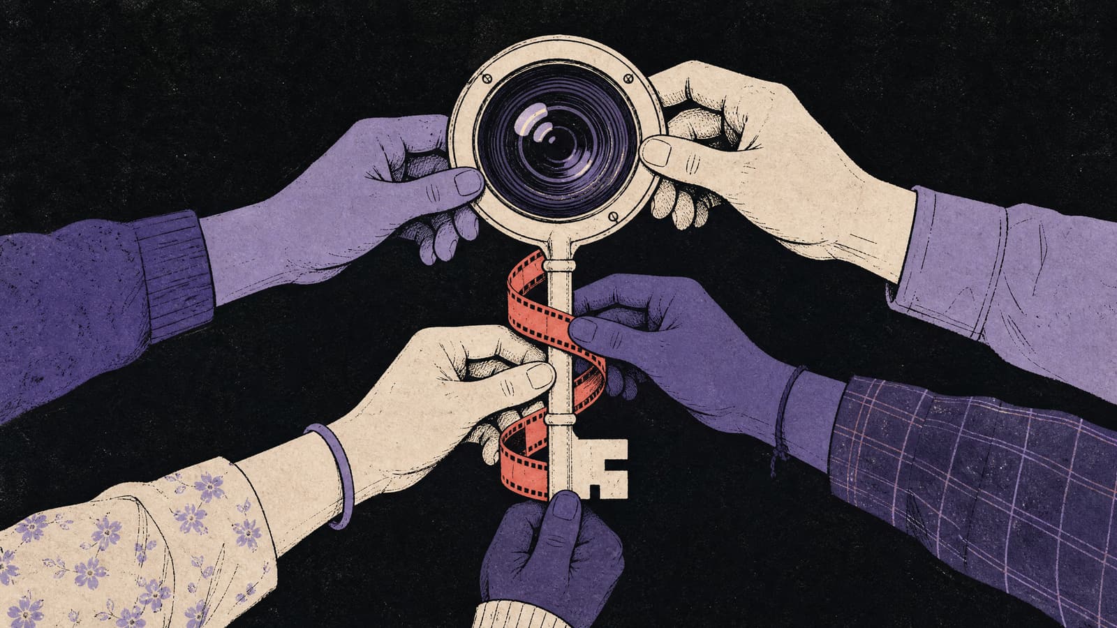 Hand-drawn illustration of one large old-fashioned key with a camera lens for its head, held at the same time by six different hands reaching in from the edges, with a coral film strip wound around the shaft