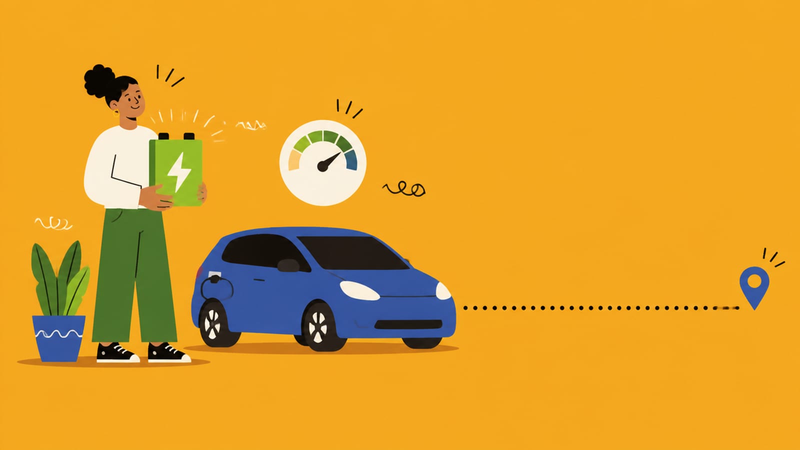Illustration of a solid-state battery beside an EV with a long range line