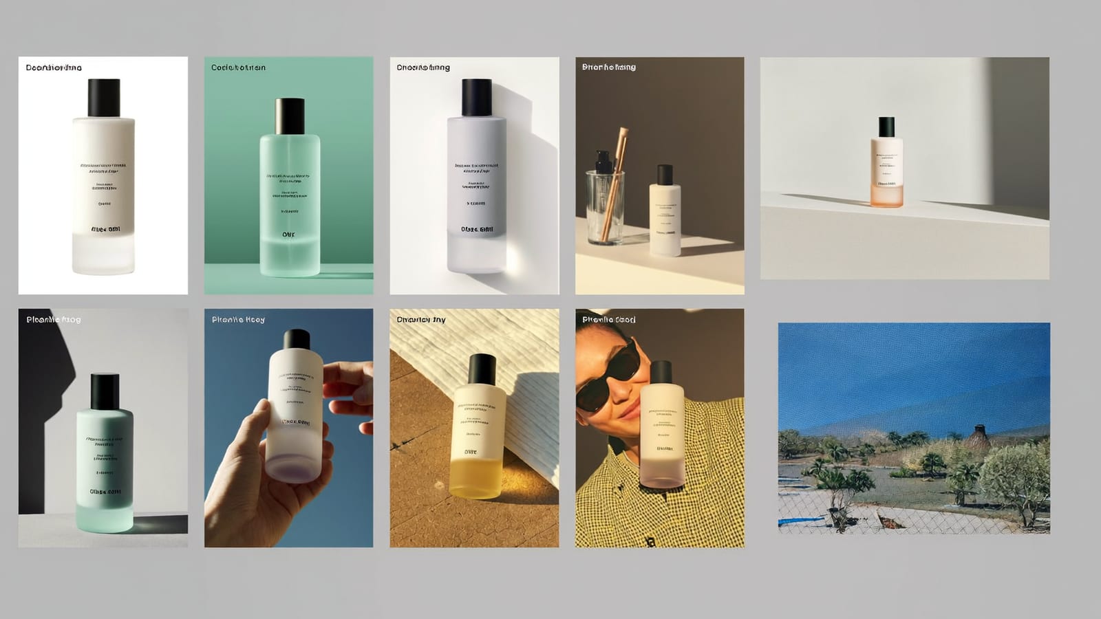 A grid of nine AI-generated product ad variations laid out for A/B testing comparison