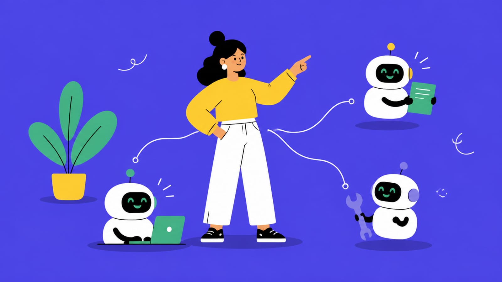 Illustration of a person directing several small AI agent helpers each doing a task