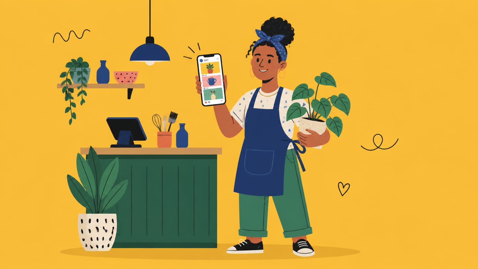 Flat illustration of a small-business owner with a phone showing social posts, on a mustard background