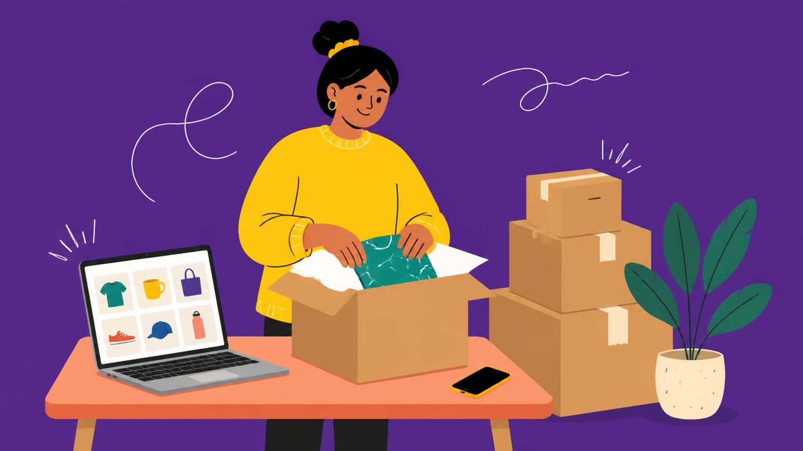 Flat illustration of a person packing an online order with a product-grid laptop and parcels, on a deep violet background