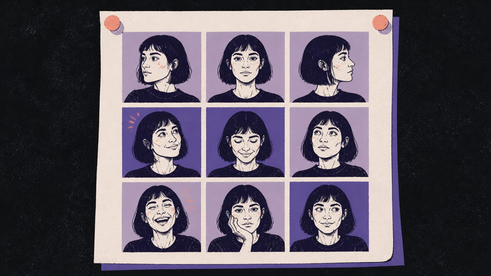 A contact-sheet grid of the same invented persona at varied angles and expressions