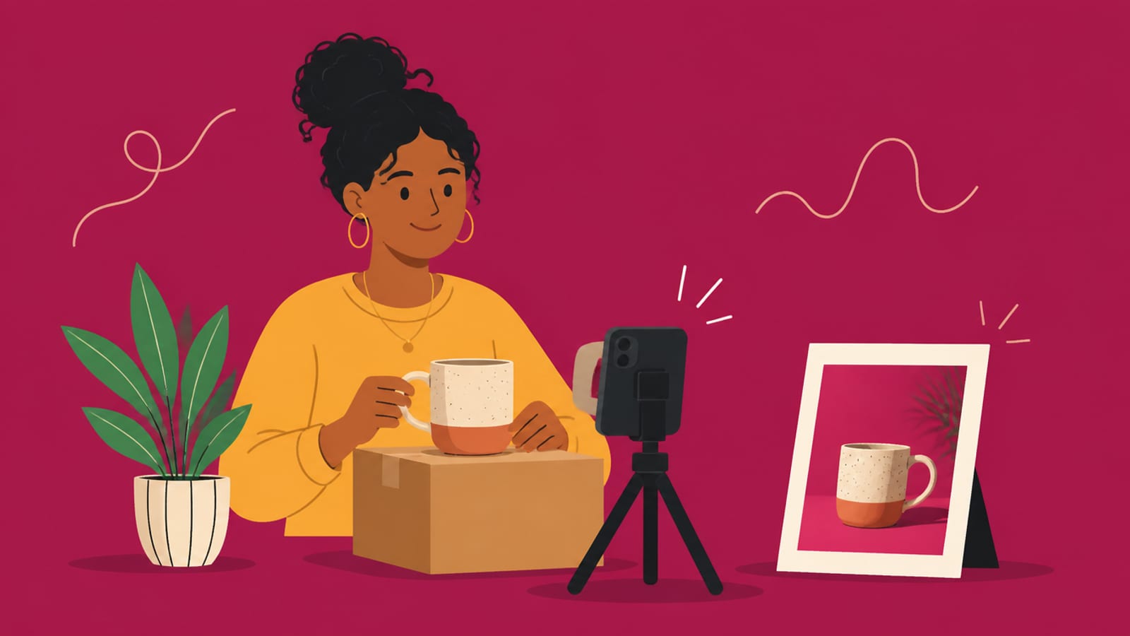 Flat illustration of a small seller photographing a product with a phone to make AI product photos
