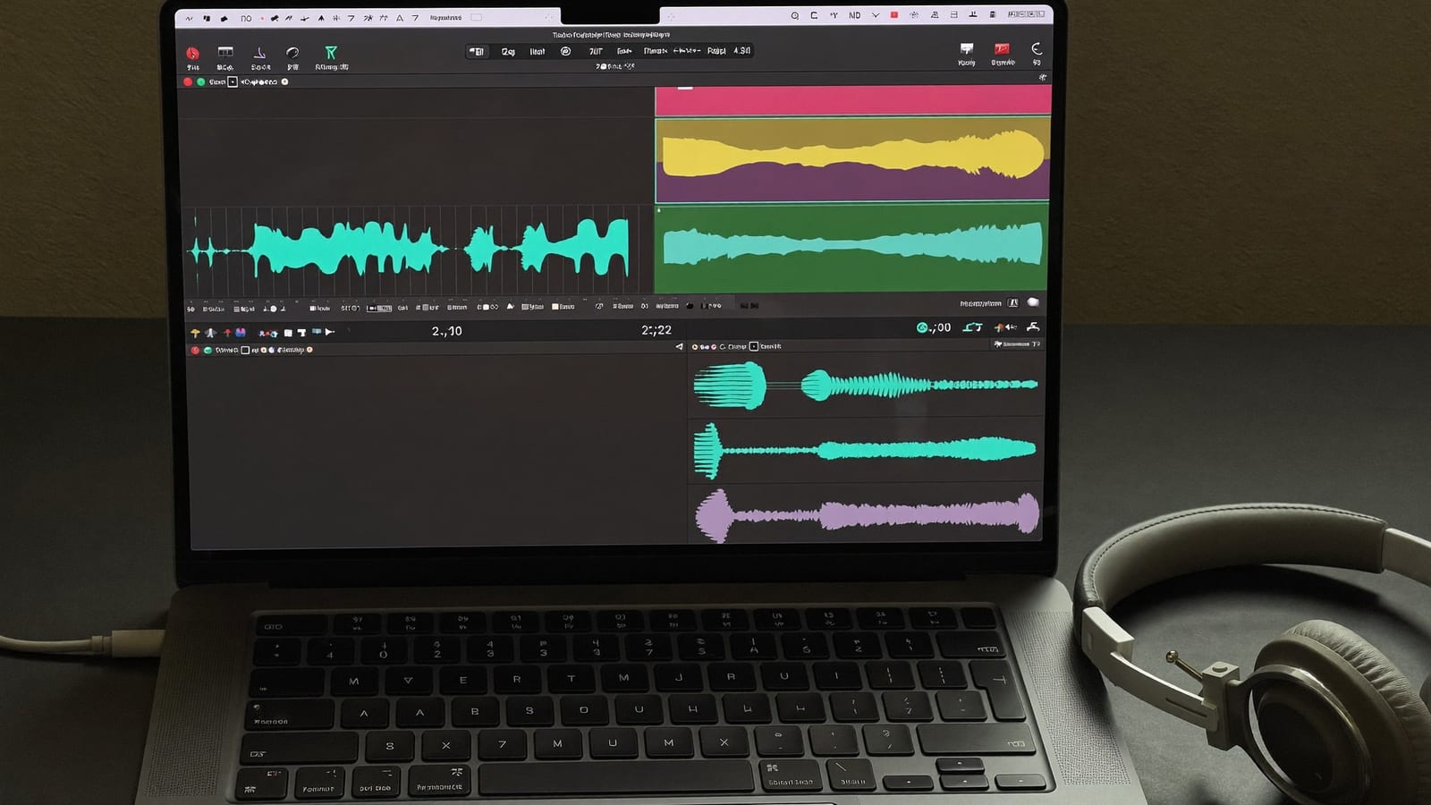 A laptop showing an abstract audio waveform and track layout with headphones resting beside it