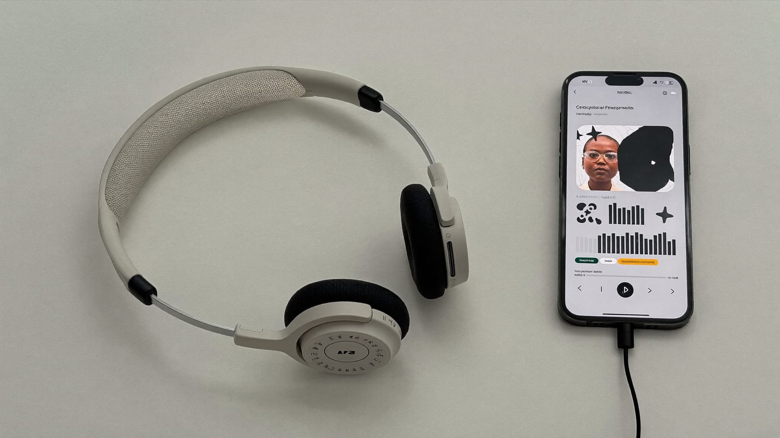 Over-ear headphones and a phone showing an abstract audio interface on a clean desk