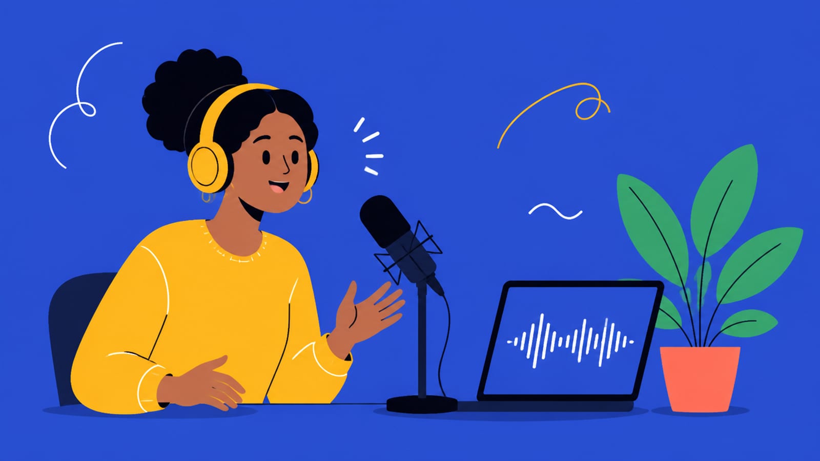 Flat illustration of a person at a microphone with headphones and a waveform on a laptop, on a cobalt background