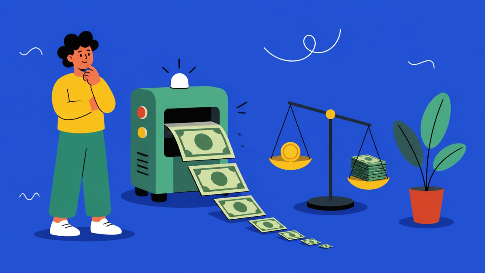 Illustration of a money printer churning out shrinking notes beside a balance scale with a coin