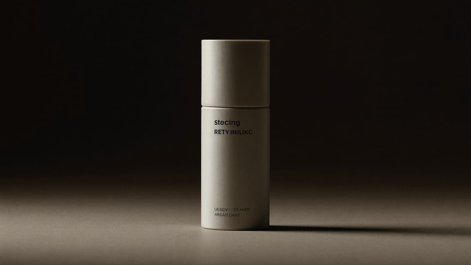The same plain unbranded bottle in a premium dark editorial scene with dramatic side lighting