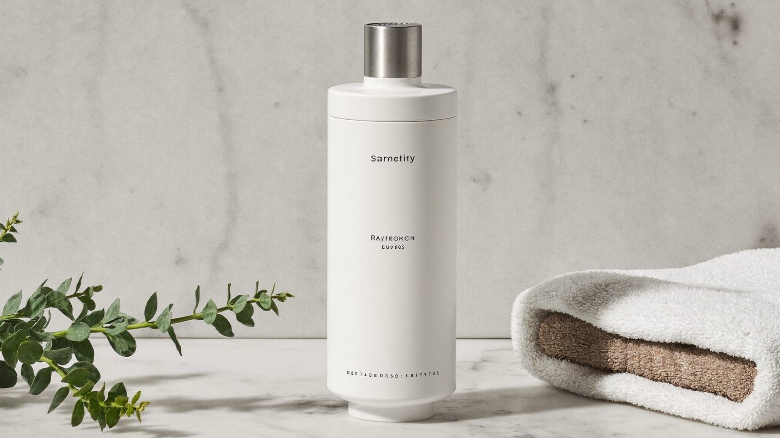 The same plain unbranded bottle in a bright lifestyle scene on a white marble bathroom counter with a towel and a plant