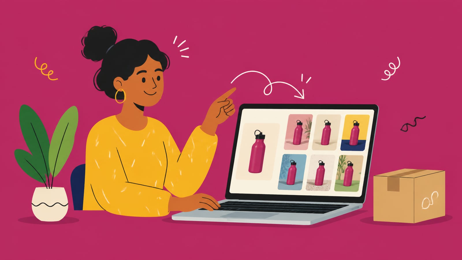 Flat illustration of a person turning one product photo into a grid of shots, on a magenta background