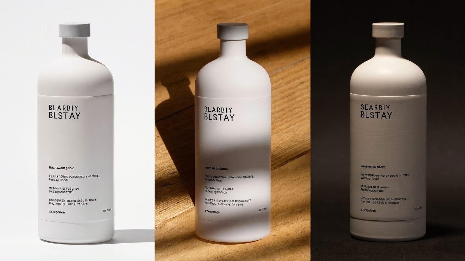 The same plain unbranded bottle shot three ways — studio, lifestyle and editorial — side by side
