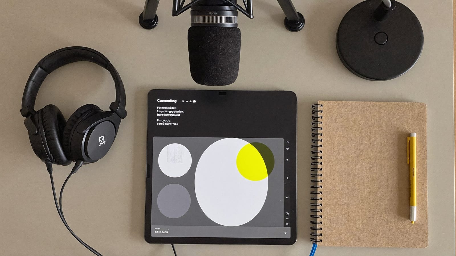 An overhead flat-lay of a course production toolkit: microphone, headphones, a tablet with a slide, a notebook