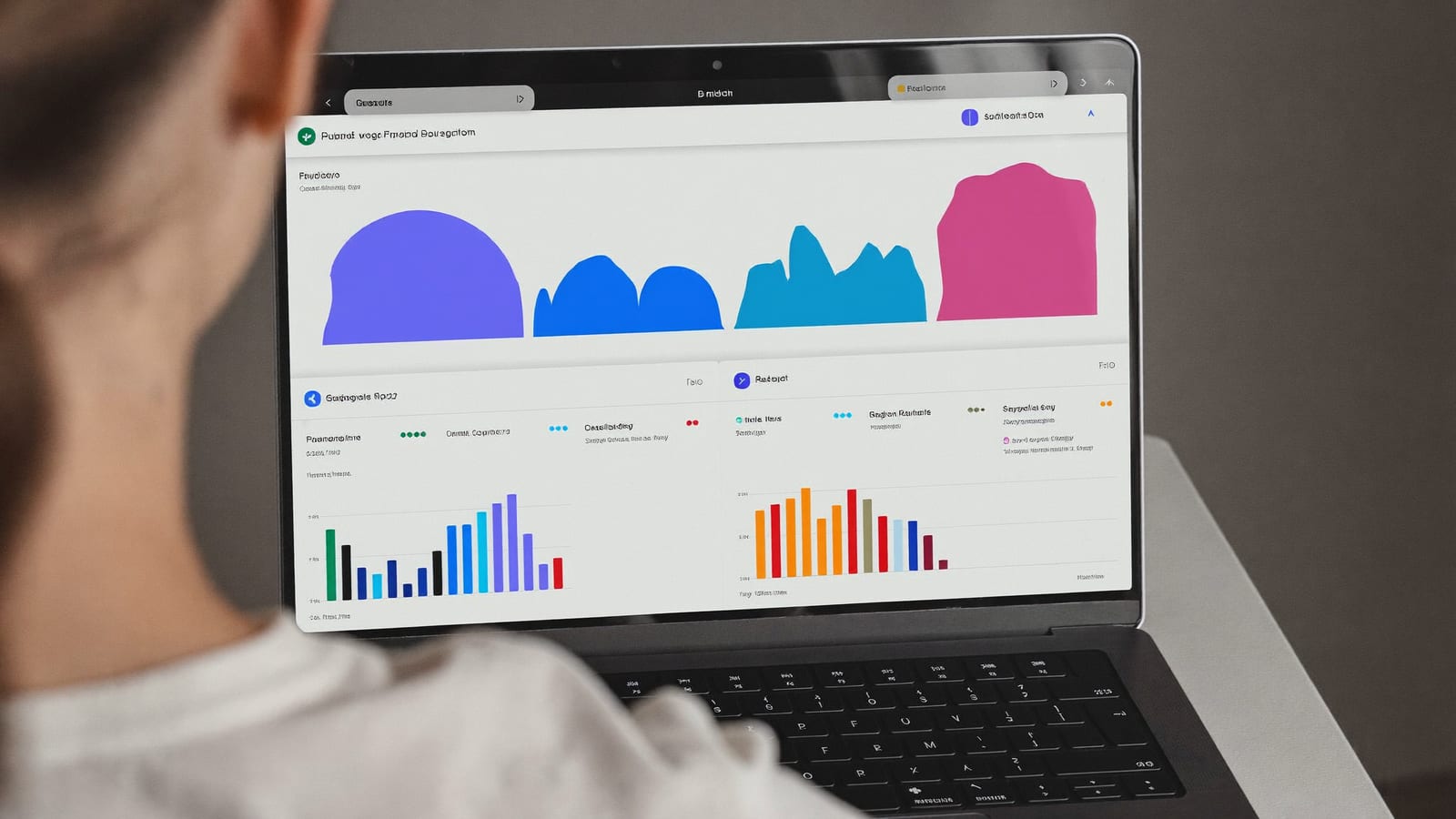 A laptop showing a clean course-platform dashboard with modules, students and a revenue chart as abstract shapes