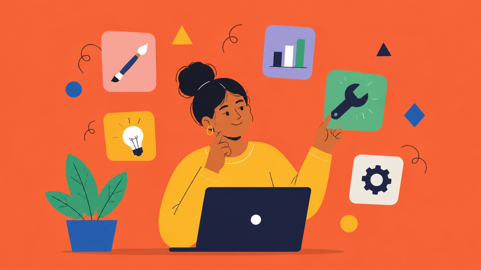 Flat illustration of a person choosing among floating AI tool cards around a laptop, on a coral background