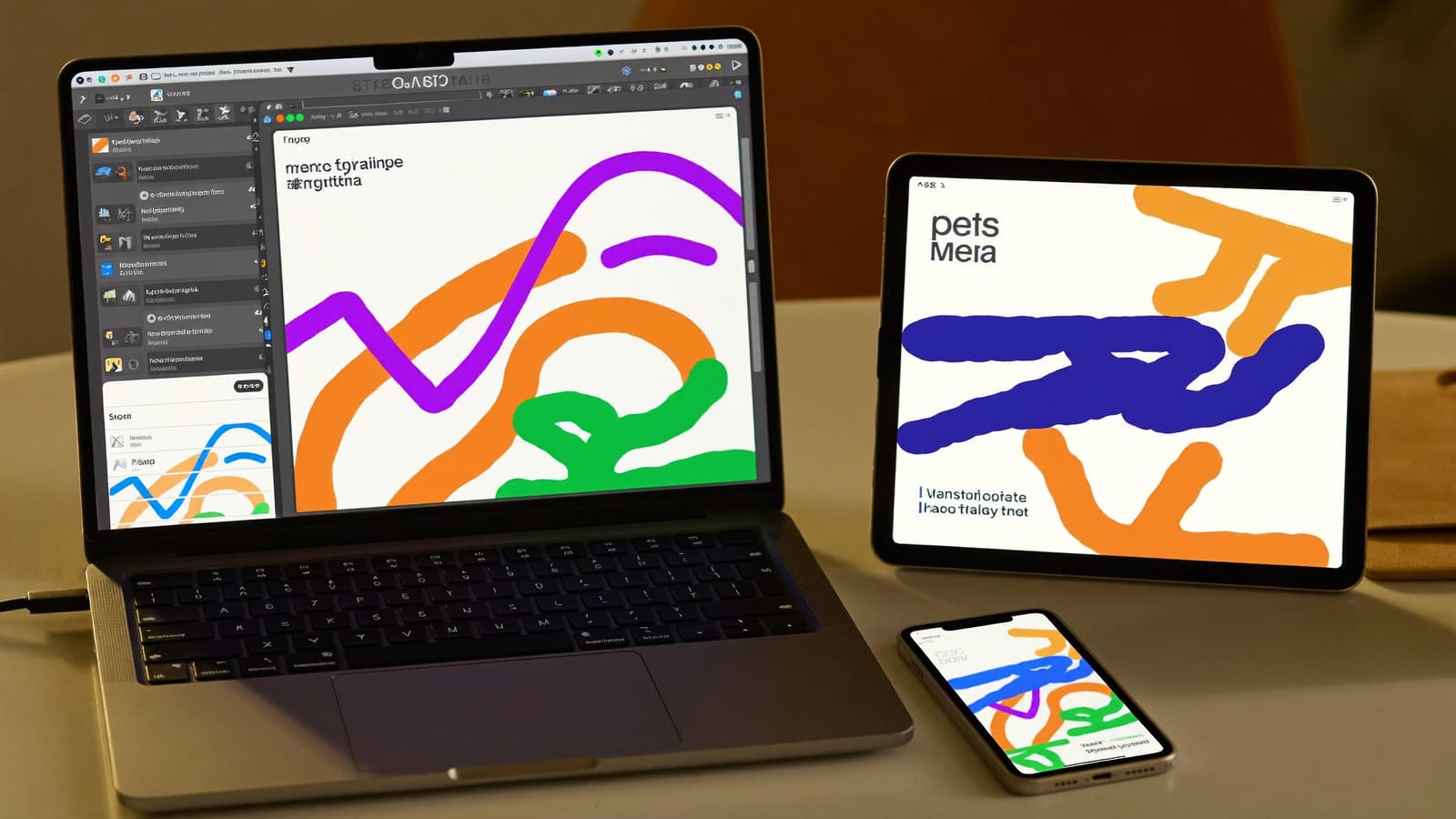 A tidy creator's desk with a laptop, tablet and phone each showing a different creative app interface