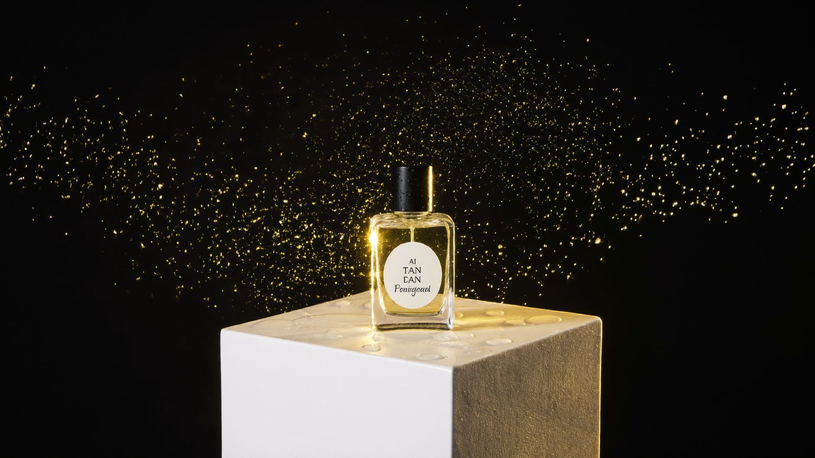 AI-generated product advertisement frame showing a perfume bottle on a marble pedestal with dramatic studio lighting