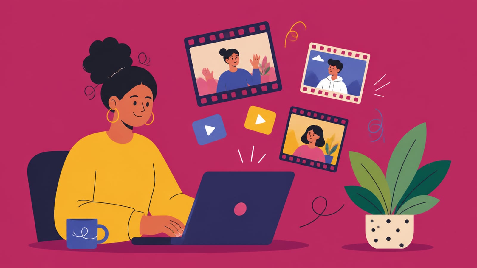 Flat illustration of a person generating video clips on a laptop, on a magenta background