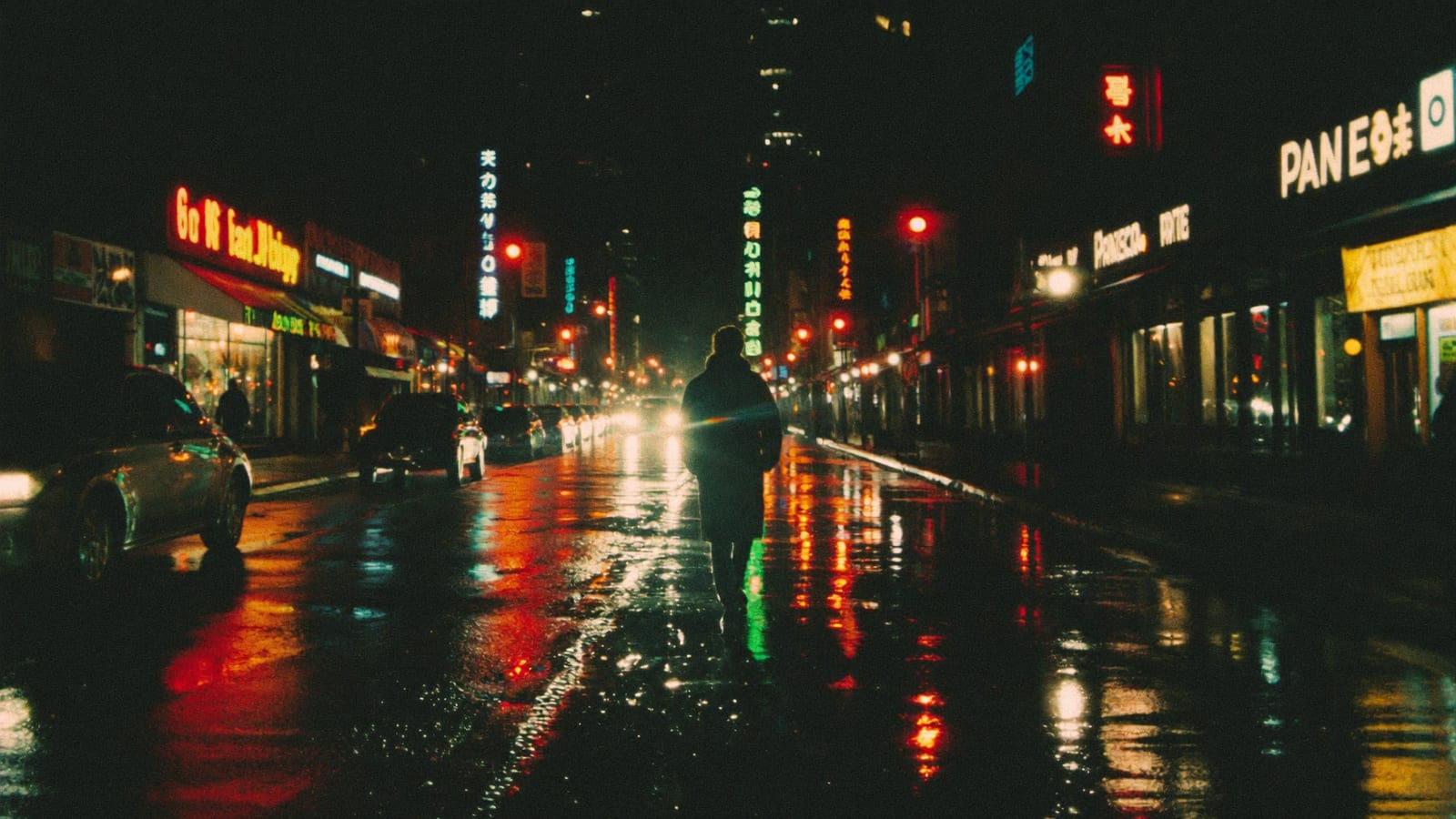 Cinematic AI-generated film still of a lone figure walking through a neon-lit rain-soaked city street at night