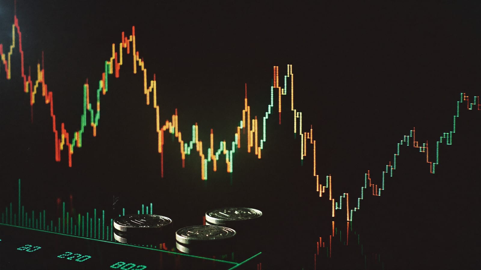 Moody close-up of abstract glowing data and graph shapes with coins on a dark reflective surface