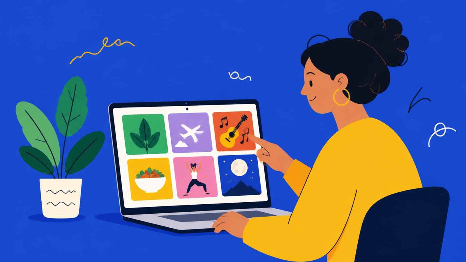 Flat illustration of a person picking a topic from a grid of thumbnails on a laptop, on a cobalt background