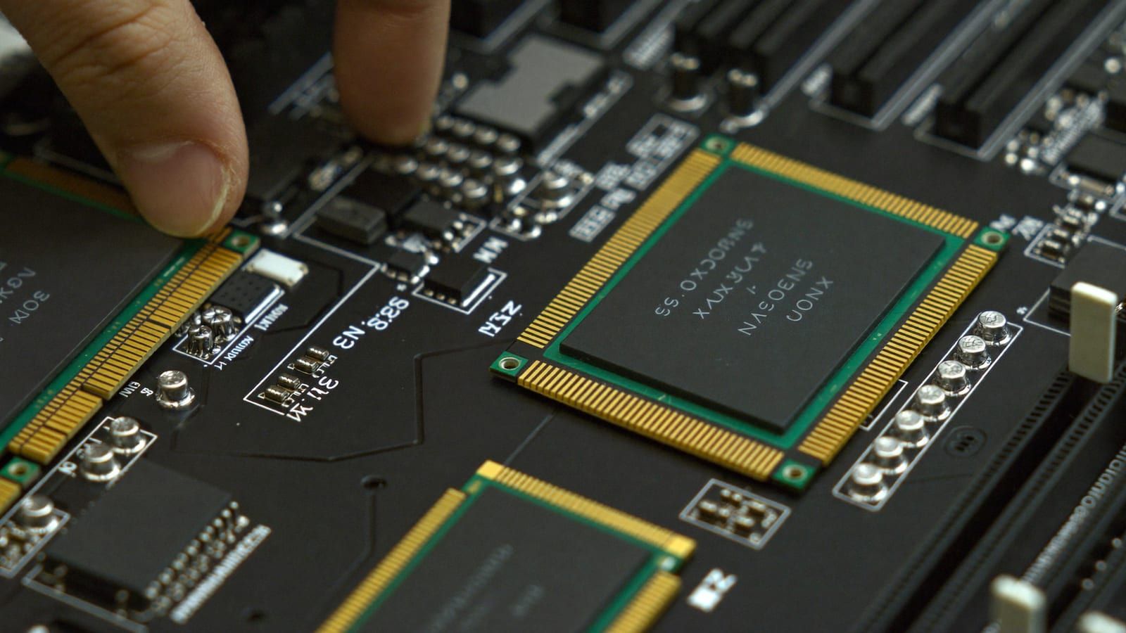 Macro of a GPU circuit board and memory chips