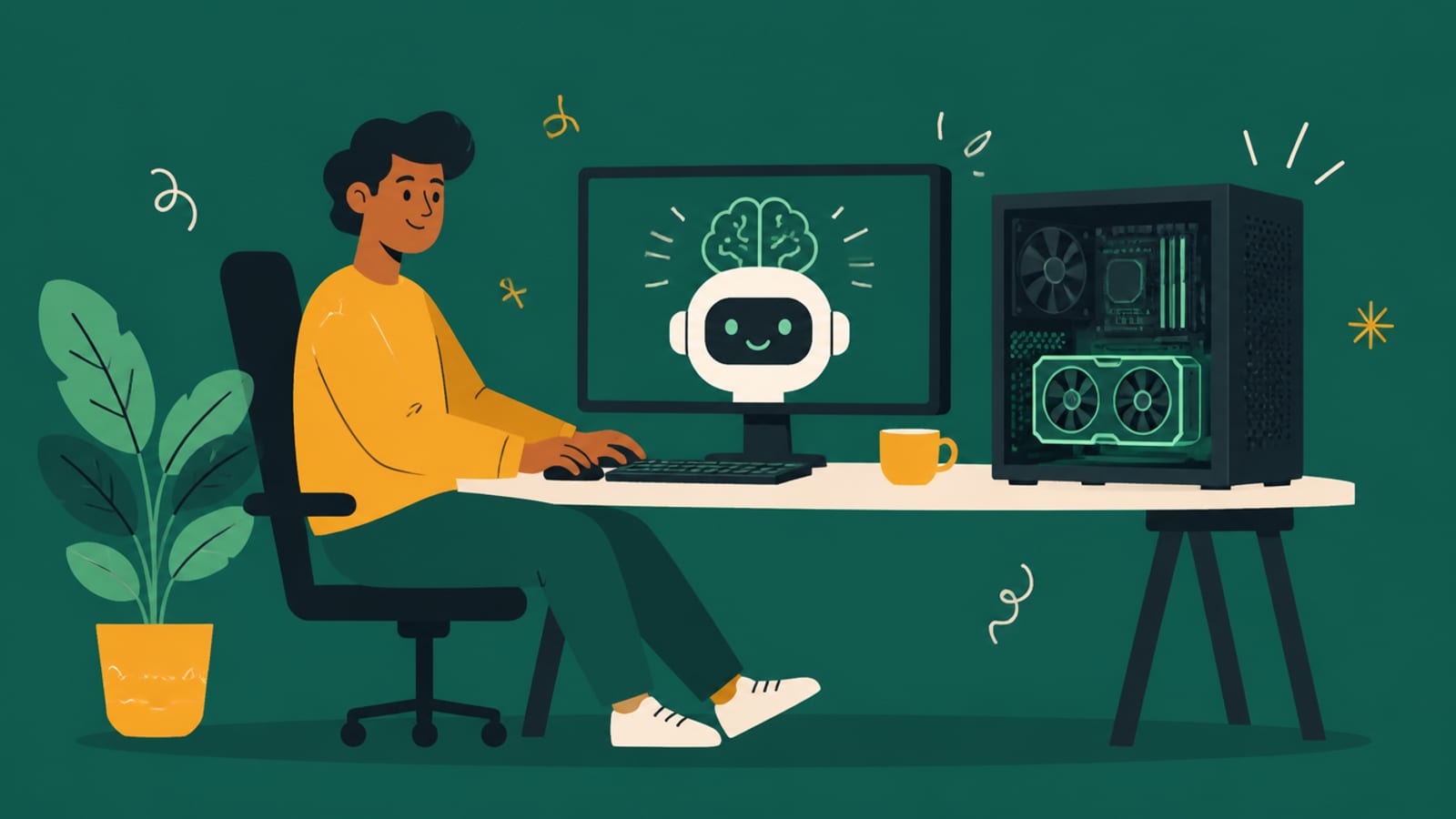 Flat illustration of a person running a local AI model on a PC with a glowing graphics card, on a teal background