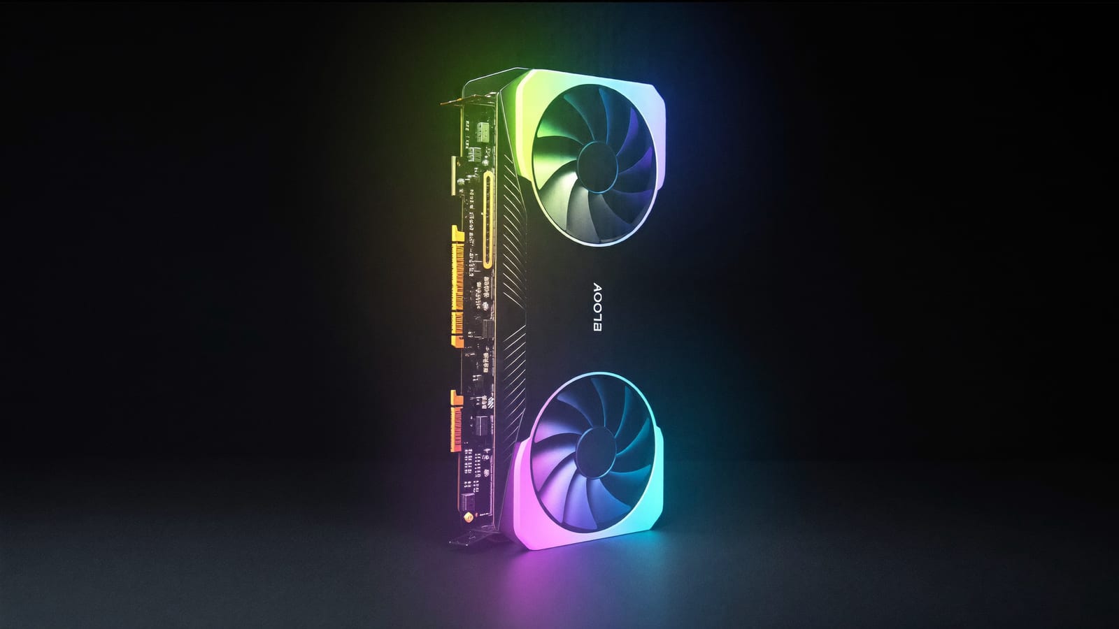 A high-end consumer graphics card on a dark desk with soft RGB glow