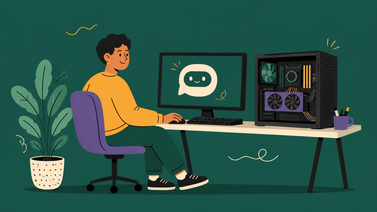 Flat illustration of a person at a PC running an AI assistant with a graphics card in the case, on a teal background