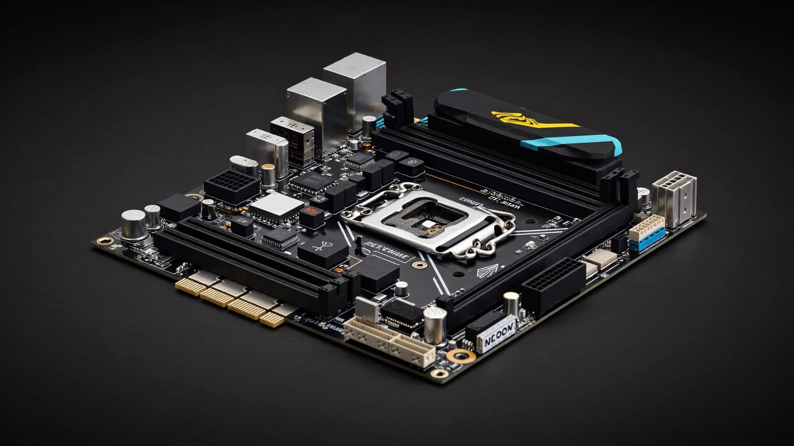 A compact Mini-ITX motherboard close-up showing VRM heatsinks and a reinforced PCIe slot