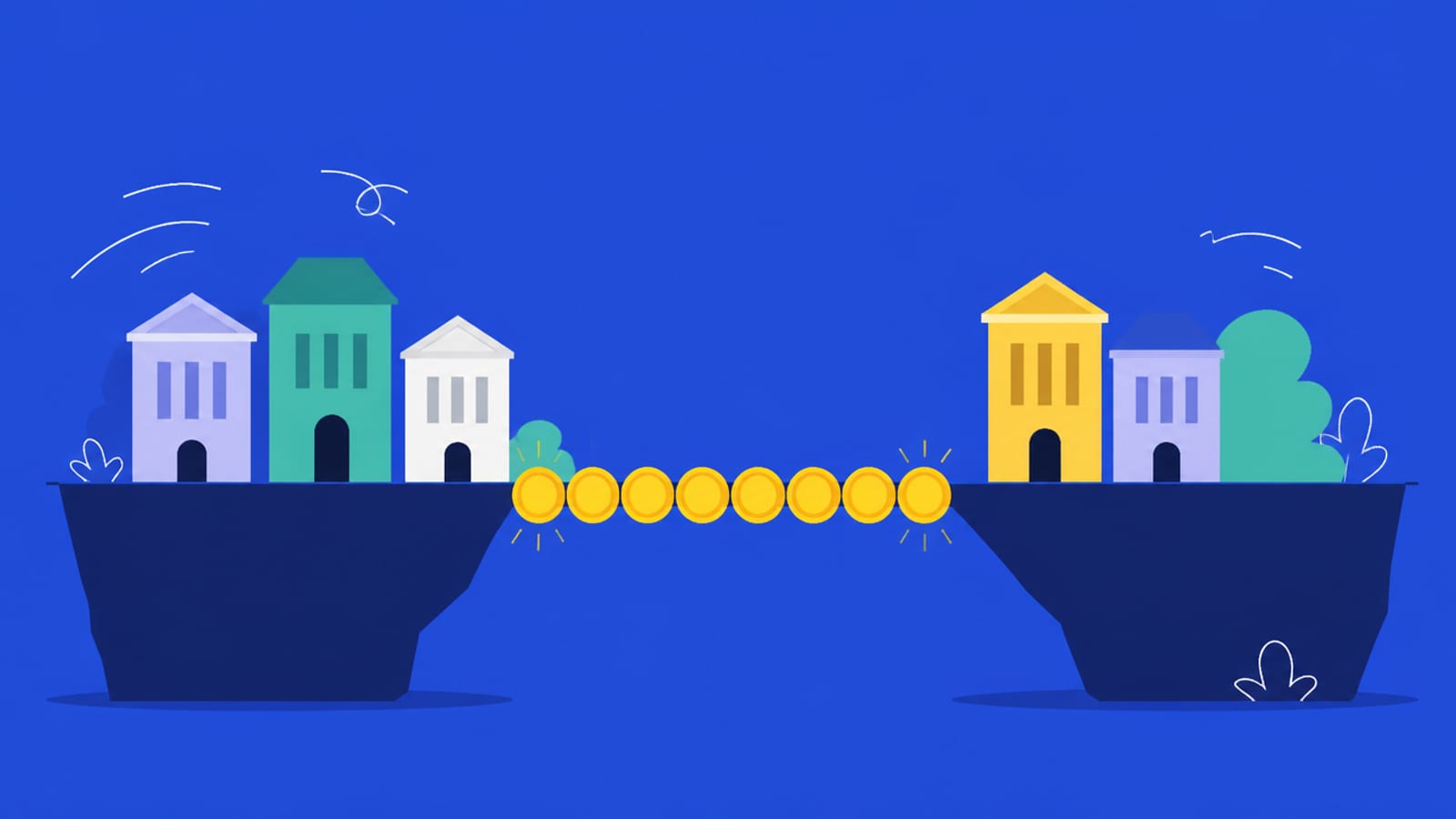 Illustration of several banks linked by a bridge made of digital coins across a gap