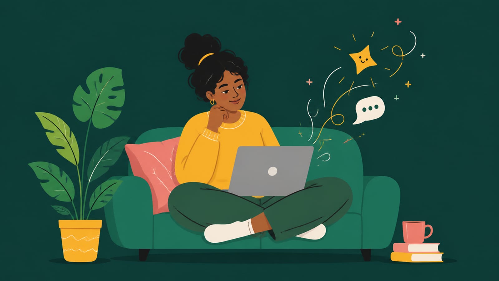 Flat illustration of a relaxed person on a laptop with a small spark of AI, wondering if they can run AI without a graphics card