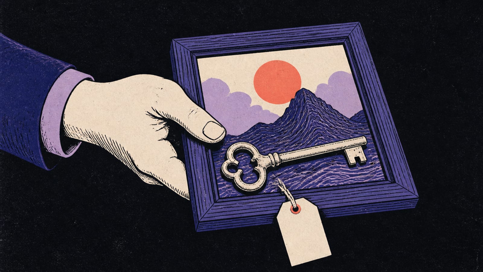 Editorial illustration of a hand offering a framed picture with a hanging price tag and an ownership key resting across it