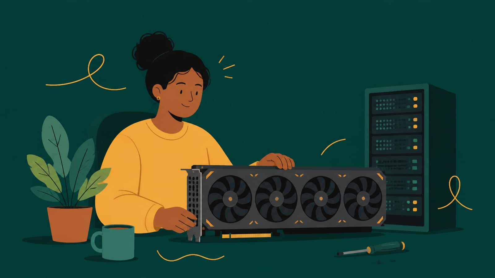 Flat illustration of a person with a data-center graphics card and a server rack, on a teal background