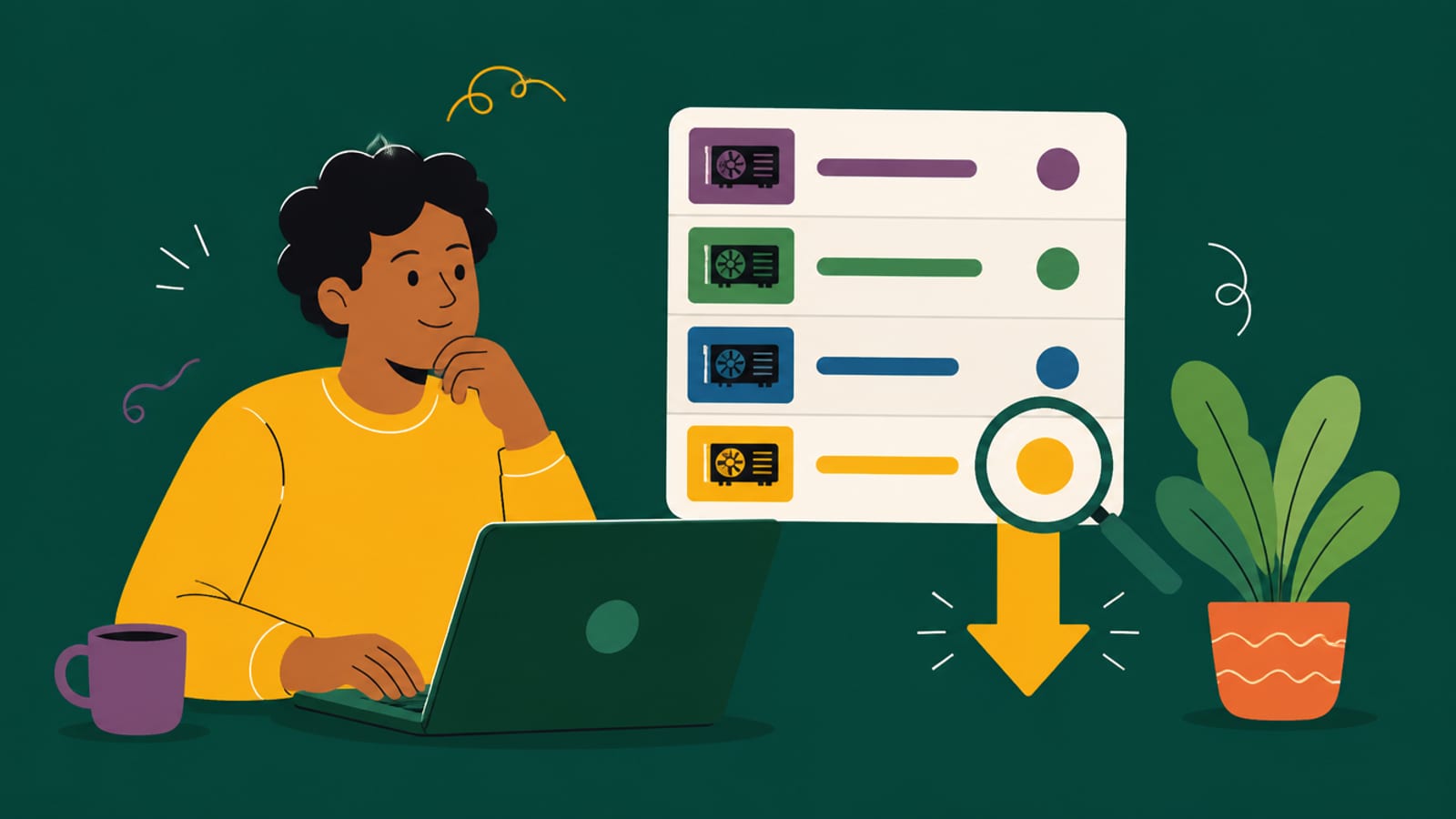 Flat illustration of a person comparing cloud GPU rental prices on a laptop, on a teal background