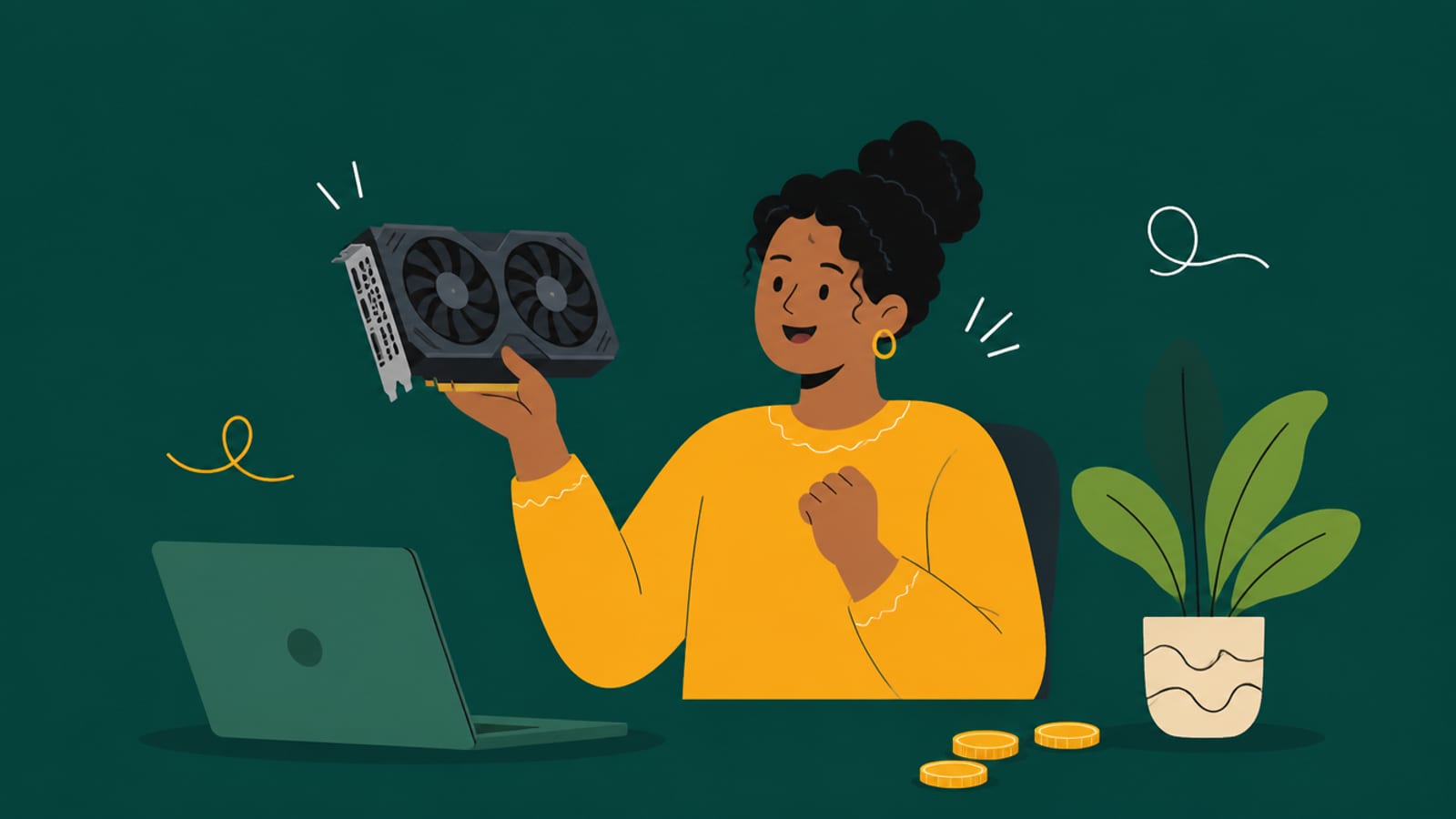 Flat illustration of a person holding a single graphics card with coins, showing a cheap rental, on a teal background
